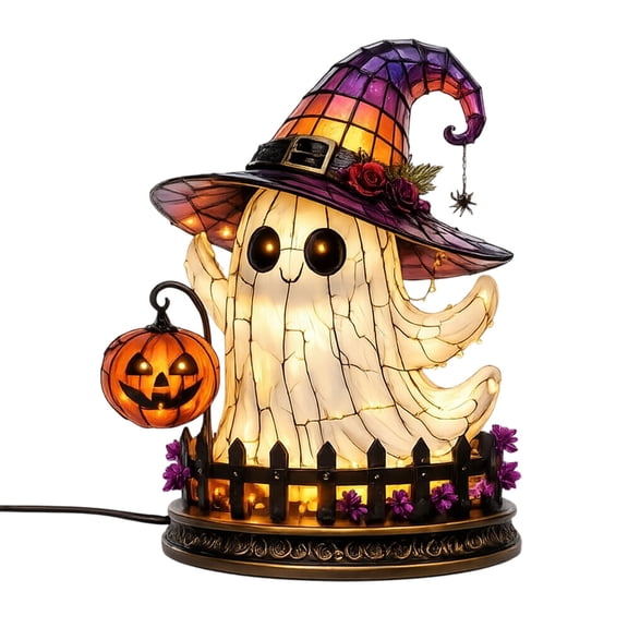 Halloween Ghost Table Lamp, Lighted Tiffany-Style Ghost with Witch Hat Holding Pumpkin, Electric