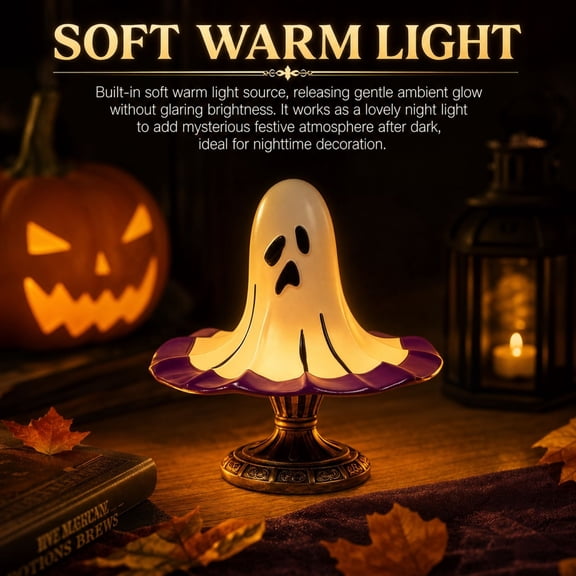 Halloween Ghost Table Lamp, Resin Night Light, Spooky Desk Decor, Soft Warm Illumination and Sturdy Durable Base for Bedroom Nightstands, Living Shelves and Party Tabletops.