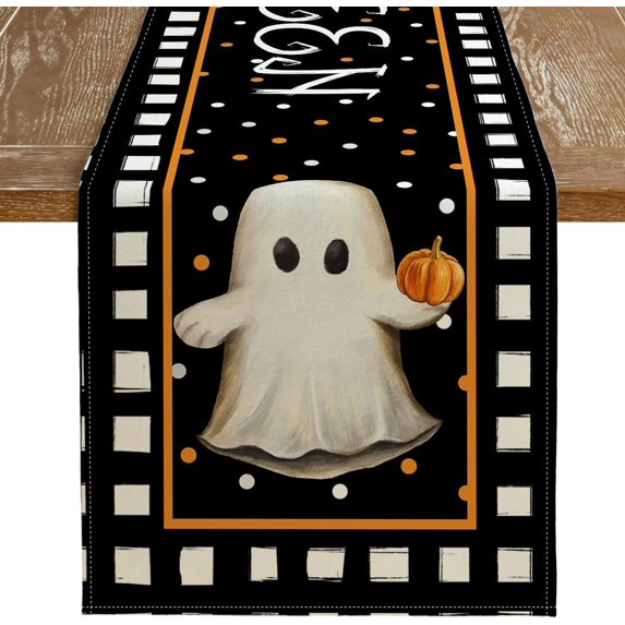 Halloween Ghost Table Runner 13x90 Inches, Polka Dots Holiday Indoor Outdoor Table Decoration for Home