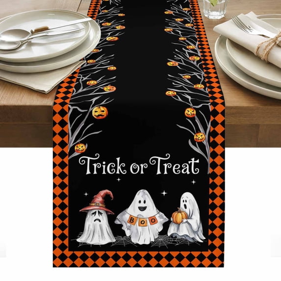 Halloween Ghost Table Runner - 70 Inch Long, Kitchen Dining Table Runner Dresser Scarves, Funny Spooky Pumpkin Orange Plaid Farmhouse Decor for Coffee Tables Wedding Party Banquet