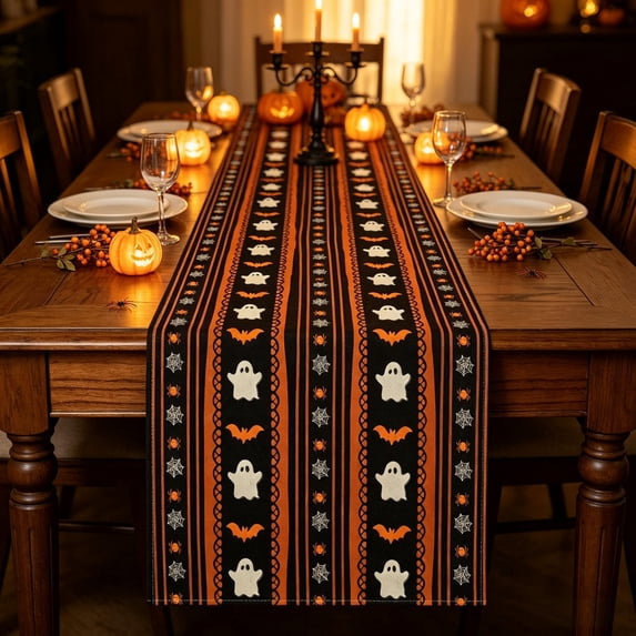 Halloween Ghost Table Runner, Black Orange Bat Spider Web Pattern Table Runner, Holiday Tabletop Decor, for Halloween Dinner Party, Home, Kitchen Decoration