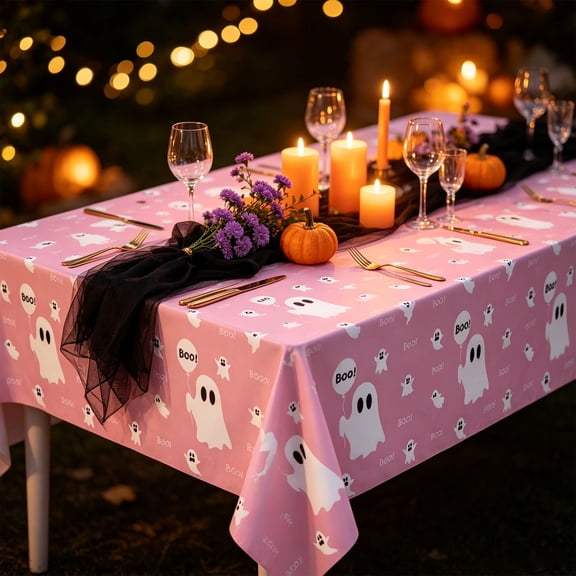 Halloween Ghost Tablecloth 108x54 Inch, Pink Plastic Table Cover with Boo Ghost Pattern, Disposable Party Table Decor for Halloween Gathering