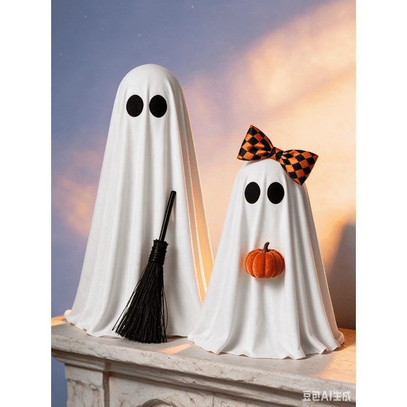 Halloween Ghost Tabletop Decor, 2 Pack Lighted Ghost Decor with Broom, Pumpkin, Spooky Cute Halloween Decorations for Table, Mantel, Shelf, Home Party