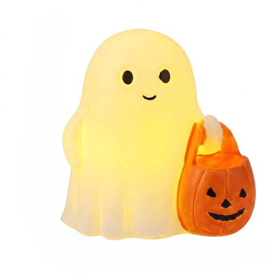 Halloween Ghost Tabletop Decor Figure with Pumpkin Bucket Resin Style Ornament for Desk Shelf Study Room Party Display