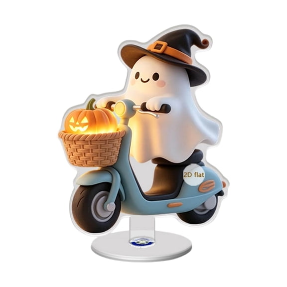 Halloween Ghost Tabletop Decoration, Cute Witch Hat Ghost Riding Blue Scooter with Pumpkin Basket, 2D Rotating Ornament for Indoor Shelf, Party Decor and Home Display