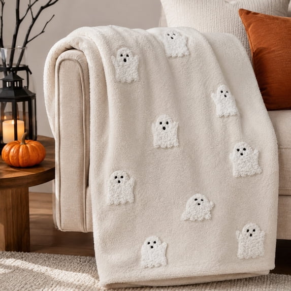 Halloween Ghost Throw Blanket Cozy Plush Embroidery Tufted Fleece Blanket Soft Fall Autumn Couch Cover Bedding Cute Decorative Fuzzy Blanket for Sofa Bed Living Room