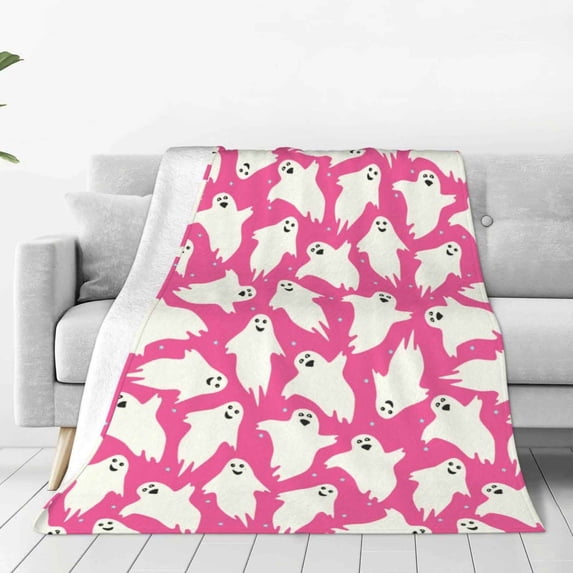 Halloween Ghost Throw Blanket,Hot Pink Flannel Blanket with Ghost Print, 29.53 X 39.37 Inch, Soft Sofa & Bed Decor