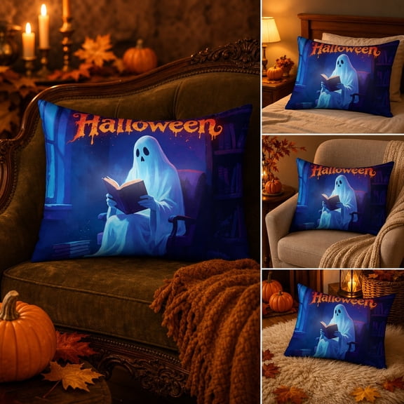 Halloween Ghost Throw Pillow Cover 18x18 Inch Double-sided Printed Pillowcase, Fun Ghost Reading Book Design, Decorative Soft Cushion Cases for Couch Sofa Bed Living Room Spooky Party Decor