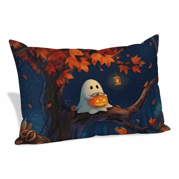 Halloween Ghost Throw Pillow Covers, Orange Pumpkin Rustic Spooky Tree Leaf Decorative Lumbar Throw Pillowcase Cushion Cover with Smooth Hidden Zipper for Bedroom Sofa 20 x 26 Inches