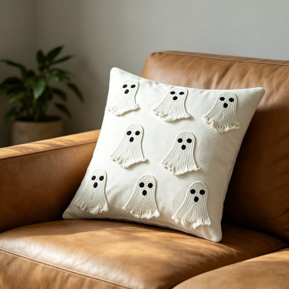 Halloween Ghost Throw Pillows, 3D Tassel Ghost Applique Farmhouse Stuffed Cushion, SpookyCute Halloween Decor for Sofa Couch Living Room