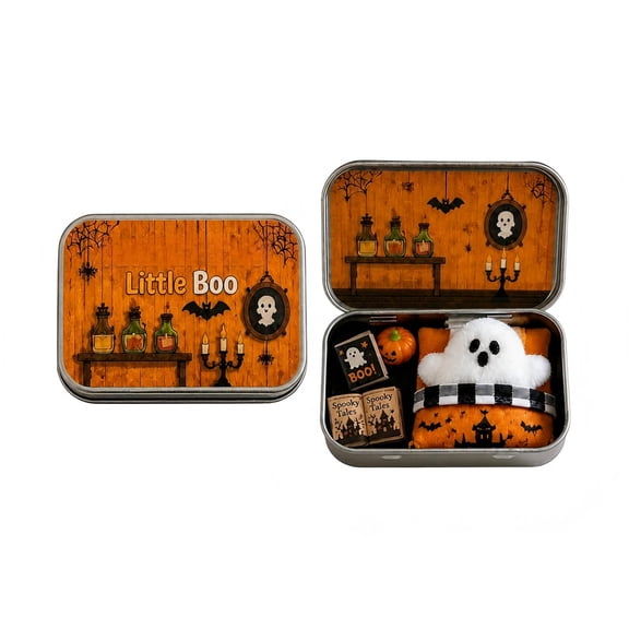 Halloween Ghost Tin Box Mini Figurine Set, Cute Spooky Vintage Decor for Desk, Indoor Halloween Ornament, Unique Ghost Party Favors