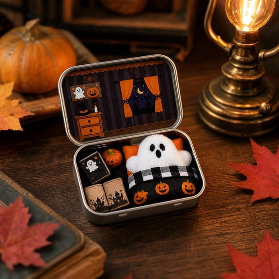 Halloween Ghost Tin Set, Portable Metal Box with Mini Ghost Pumpkin Figurines, Travel Desk Decor Gift