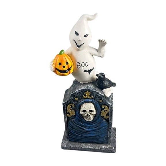 Halloween Ghost Tombstone Decoration with Pumpkin and Bat, Spooky Resin Tabletop Ornament for Home Party Decor, Indoor Outdoor Holiday Display