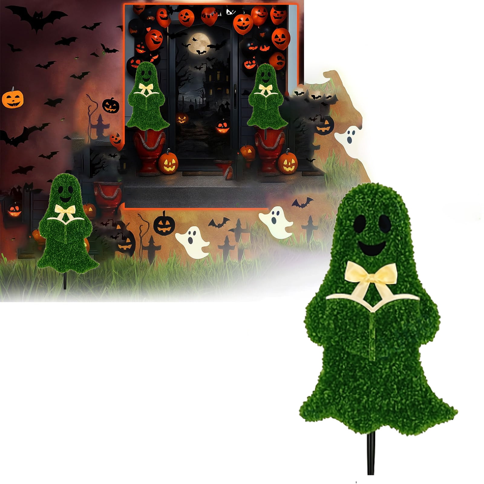 Halloween Ghost Topiary with Stake - 21.6'' Faux Boxwood Ghost Topiary with Stake, Artificial Ghost-Shaped, UV-Resistant Bowknot Pot, Fake Halloween Decor for Porch, Garden, Yard, Indoor/Outdoor Use - Walmart.com