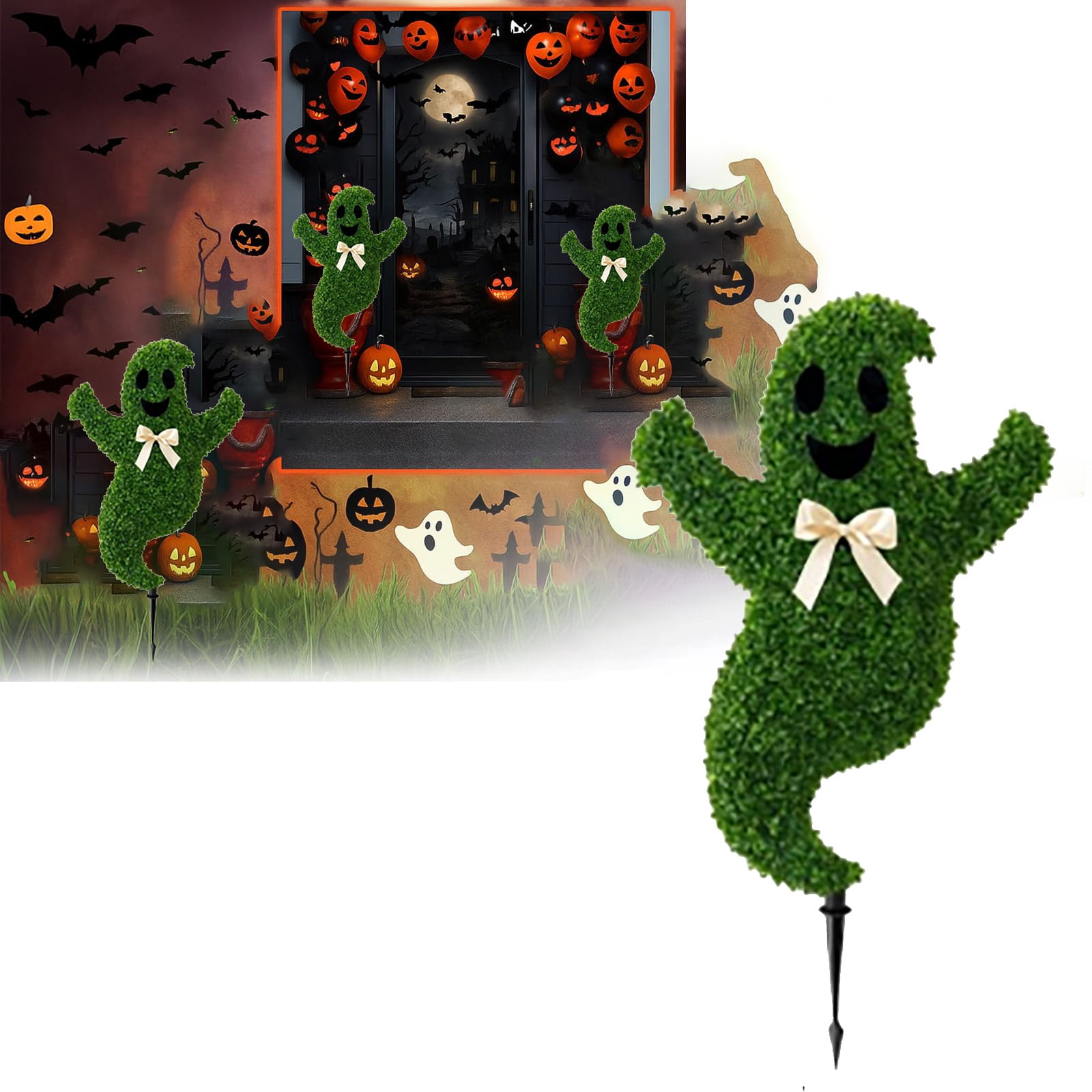 Halloween Ghost Topiary with Stake - Artificial Ghost Topiary Tree, Green Fake Halloween Ghost Plant, Faux Boxwood Pot for Porch Decor, Indoor/Outdoor Use, Garden Yard Halloween Decorations - Walmart.com