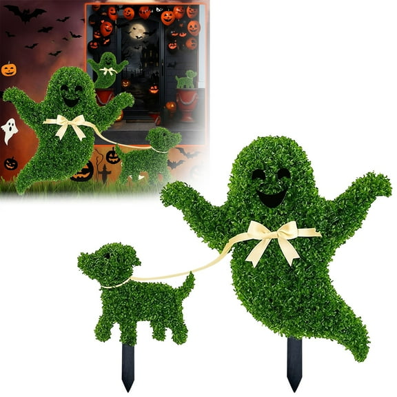 Halloween Ghost Topiary Stakes - 21" Artificial Ghost Shaped Topiary Trees with Ground Spike for Outdoor Yard, Garden Decor & Indoor Gothic Displays
