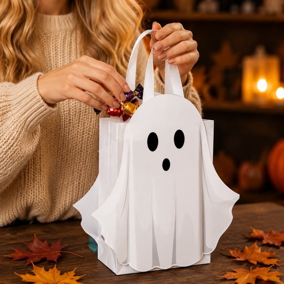 Halloween Ghost Treat BagsWhite Ghost Shaped Candy Goody Bags with HandlesReusable Cute Trick-or-Treat BagsHalloween Party Favor Bags for HomeYardPorchKitchenFront Door
