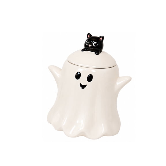 Halloween Ghost Treat Jar With Midnight Lid Ceramic Decorative Storage Container 5.91in Cube 1.54lb