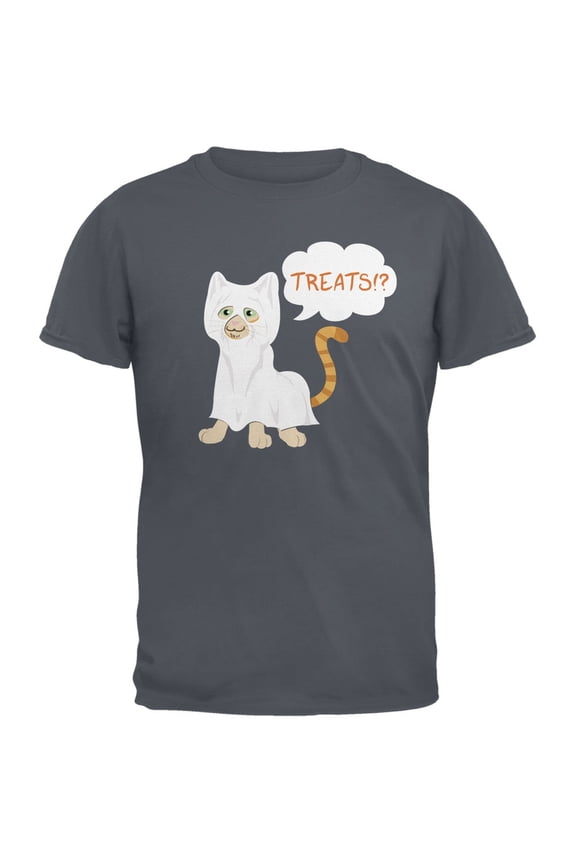 Halloween Ghost Treats Cat Charcoal Grey Adult T-Shirt - X-Large