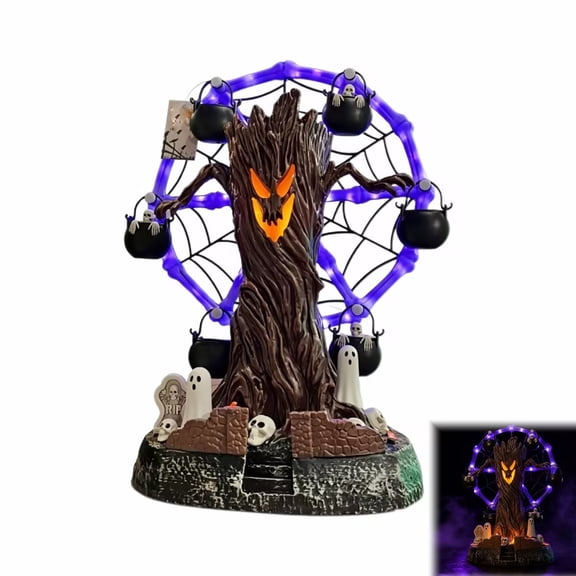 Halloween Ghost Tree Ferris Wheel Table Decor, Light Up Purple Spider Web Ferris Wheel Ghost Tree with Skull Cauldron & Ghost Graveyard Figurine, Spooky Halloween Statue Desktop Ornament