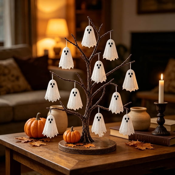 Halloween Ghost Tree Tabletop Decor, Halloween Lighted Dead Tree with LED Glowing Face, Lace Ghost Hanging Ornaments, Mini Pumpkin Boo Sign, Resin Halloween Centerpiece for Mantel Shelf Desk