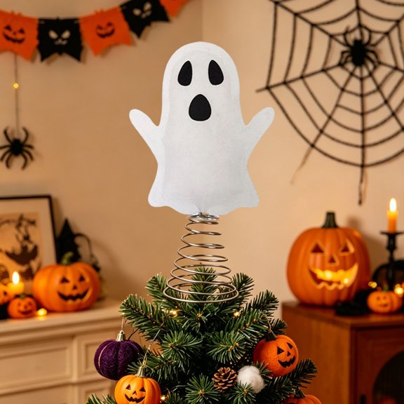 Halloween Ghost Tree Topper with Spring Base - Spooky Felt Decoration for Holiday Trees, Mantels & Party Displays (34cm Tall)