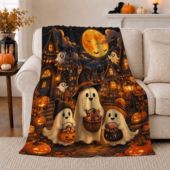 Halloween Ghost Trick-Or-Treat Village At Night Glowing Pumpkins, Festive Halloween Scene, Warm Flannel Blanket for Living Room and Reading Nook, Art Lovers Halloween Gift, Festive Home Decor