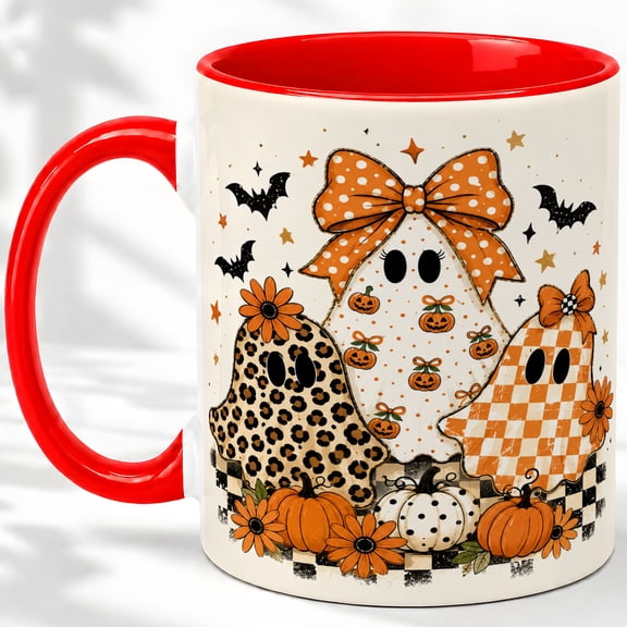 Halloween Ghost Trio 11oz Ceramic Mug, Pumpkin Bow Pattern Design Ceramic mug with three patterned ghosts, pumpkins, orange daisies, bows, and bats for seasonal drinks