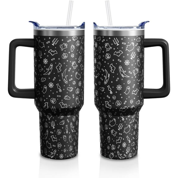 Halloween Ghost Tumbler 40oz - Insulated Stainless Steel Cup with Handle & Straw, Spooky Engraved Design - Holiday Gift for Women & Men (1 PC)
