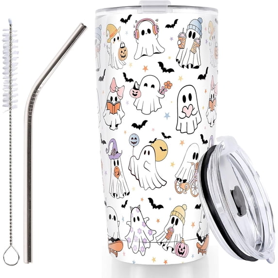 Halloween Ghost Tumbler Stainless Steel Travel Tumbler with Lid Straw Brush Cute Ghost Coffee Mug Cup for Women Travel Birthday Horror Gift