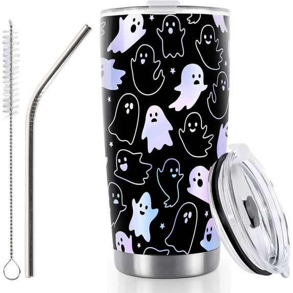Halloween Ghost Tumbler Stainless Steel Travel Tumbler with Lid Straw and Brush Spooky Coffee Mug Cup for Women Travel Birthday Horror Gift