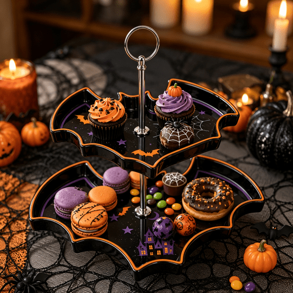 Halloween Ghost Two Tier Serving Stand 2-Tier Serving Tray, Spooky Tabletop Candy Dessert Display Holder, 2026 Halloween Indoor Table Decor, Halloween Party Snack Organizer & Holiday Gift