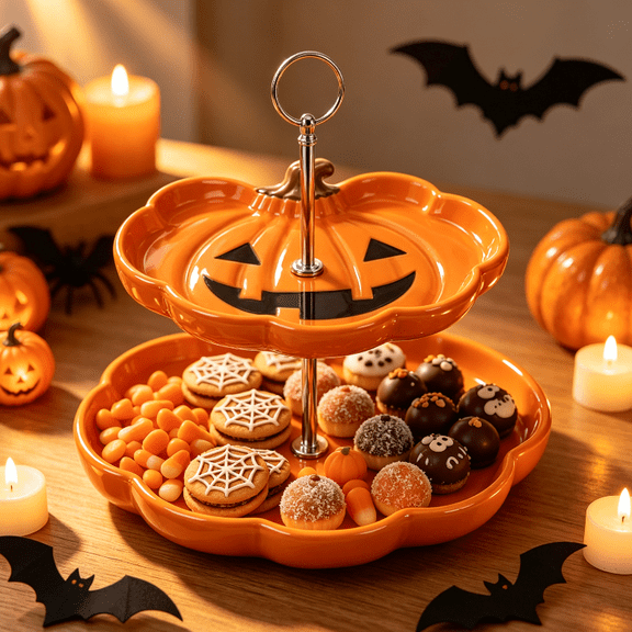 Halloween Ghost Two Tier Serving Stand 2-Tier Serving Tray, Tabletop Snack Fruit Treat Display Rack, Cute Ghost Themed Halloween Home Ornament, Trick Or Treat Party Supplies