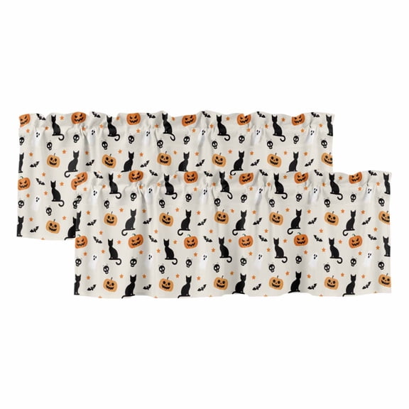Halloween Ghost Valances for Windows, Decorative Rod Pocket Window Valance Curtains, Beige Orange Pumpkin Cat Stars Bat Short Curtain Drapes for Kitchen/Bathroom/Living Room, 2 Panels, 42" W x 12" L