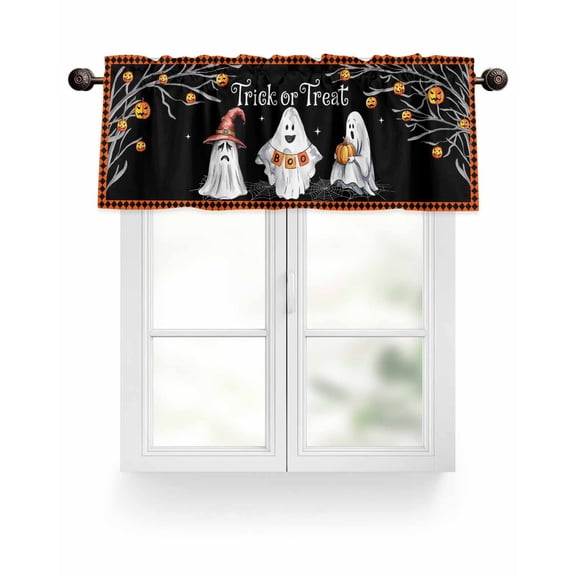 Halloween Ghost Valances for Windows Horror Boo Pumpkin Orange Plaid Trick Or Treat Valance Rod Pocket Short Window Treatments Curtains for Kitchen Bathroom Living Room Bedroom, 42 x 18 Inch