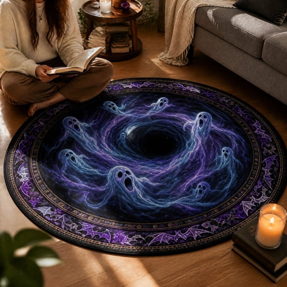Halloween Ghost Vortex Round Rug 55.11 x 55.11 Inch 3D Optical Illusion Floor Mat with Bat Ornament Border for Home Decor (Purple Ghost,3XL)