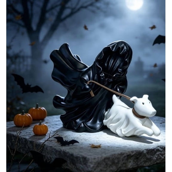 Halloween Ghost Walking Dog Resin Figurine, Faceless Spirit and Puppy Tabletop Statue, Spooky Ornament for Shelf, Mantel, Entryway, Party Table and Seasonal Home Decor, Black
