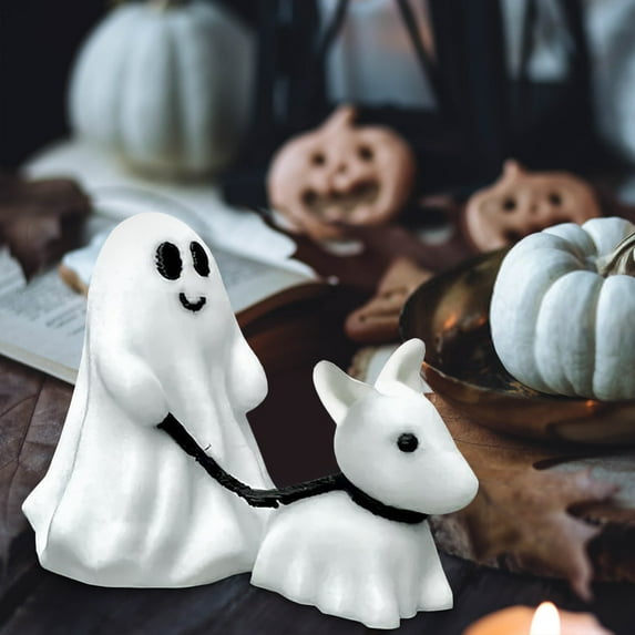 Halloween Ghost Walking Dog Statue, Ghost Walking Dog Statue Halloween Spooky Ghost Walk Dog Figurine Decor Ghost Walking His Ghost Dog, Halloween Home Tabletop Decoration