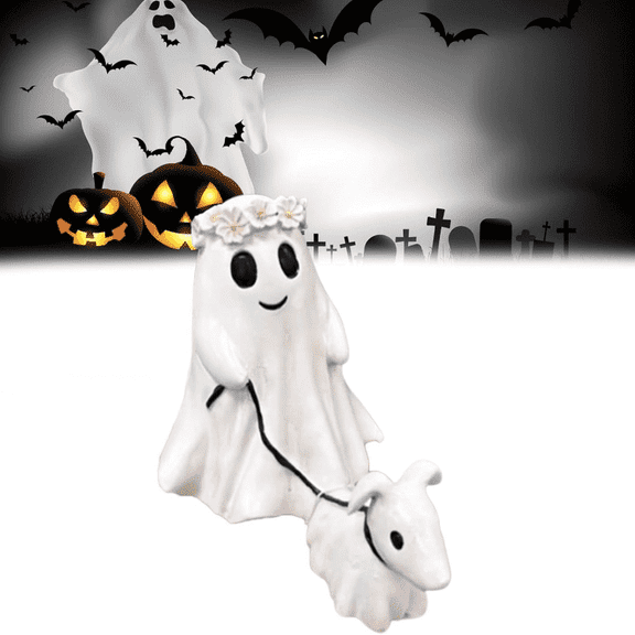 Halloween Ghost Walking Dog Statue: Ghost Walking His Ghost Dog Halloween Ghost Dog Statues Spooky Ghost Dog Halloween Figurine Home Tabletop Decorations (White 2pcs, Extra Large)