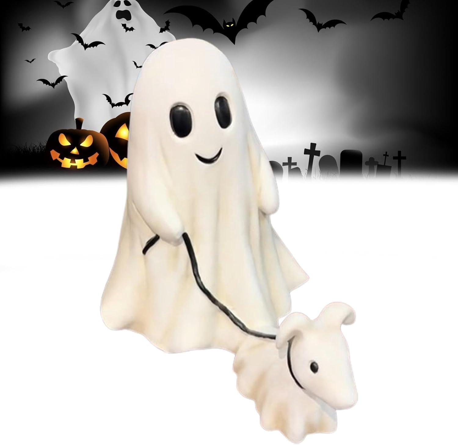 Ghost & Pup Candle Holder - Cute Halloween Figurine Decor, Resin Ghost Walking Dog With Candlestick