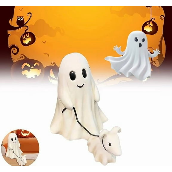 Halloween Ghost Walking Dog Statue - Spooky Figurine for Home Tabletop Decorations - Ghost Walking His Ghost Dog, Perfect Decoration for Home Tabletop