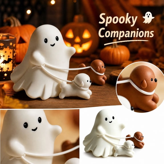 Halloween Ghost Walking Dogs Figurine, Cute Spooky Resin Statue for Table Shelf Mantel Halloween Party Home Decor