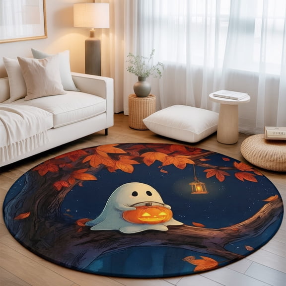 Halloween Ghost Washable Round Area Rug 5 ft, Orange Pumpkin Rustic Spooky Tree Leaf Soft Non Slip Rugs Stain Repellent Indoor Felt Carpet for Living Dining Room Bedroom Home Office