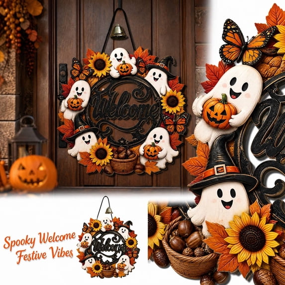 Halloween Ghost Welcome Hanging Sign, Halloween Decorations With Cute Ghost and Jack O Lantern, Front Door & Porch Halloween Ornament for Home Spooky Season Indoor Outdoor,12x12Inch