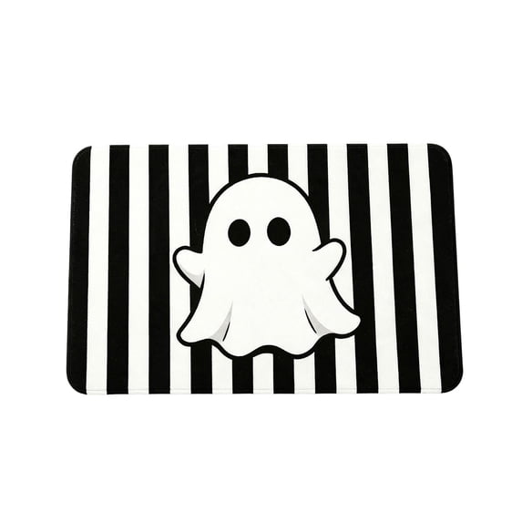Halloween Ghost Welcome Mat, Black White Striped Crystal Velvet Doormat, 24 x 16 in Non Slip Entryway Rug for Front Door Porch Patio Fall Decor
