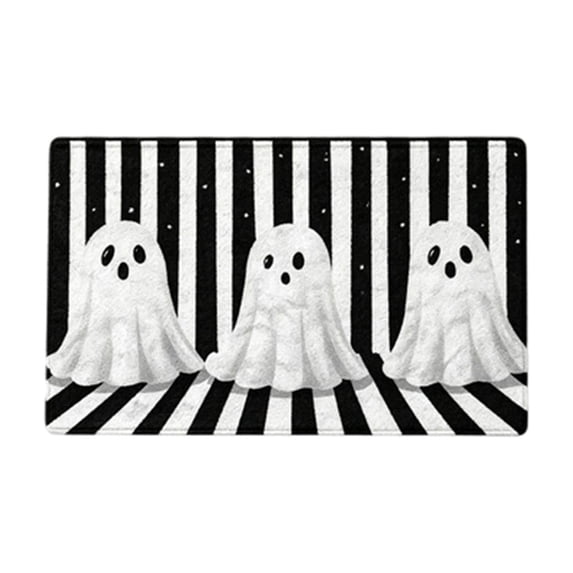 Halloween Ghost Welcome Mat, Black White Striped Non Slip Entry Door Rug, 24 x 16 in Crystal Velvet Doormat for Porch Patio Indoor Outdoor Fall Decor
