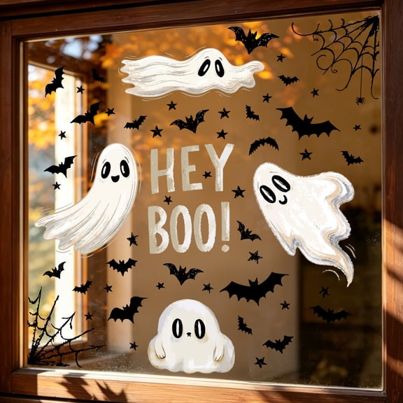 Halloween Ghost Window Clings, Removable Static Window Stickers with Cute Ghost Bat Spider Web, Hey Boo Glass Decals for Home Window Halloween Party Decorations