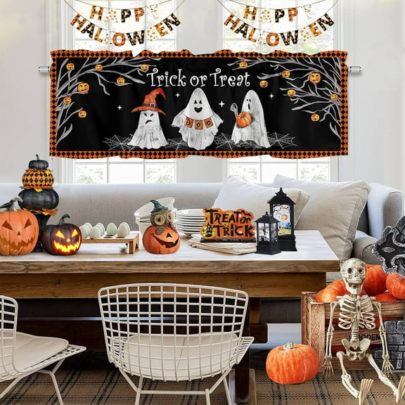 Halloween Ghost Window Valance Kitchen Curtains, Horror Dead Tree Pumpkin Rod Pocket Short Panels Spooky Valances Curtain, Orange Black Lattice Window Treatments Drapes for Living Room Bedroom Decor