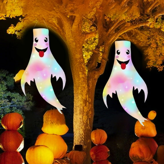 Halloween Ghost Windsock – Hanging Yard Decoration with LED Lights, Outdoor Flag Windsocks for Party & Holiday Decor