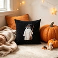 thumbnail image 1 of Halloween Ghost Witch Broom Throw Pillow Cover, Spooky Cute Ghost with Wizard Hat Decorative Cushion Case, Autumn Home Sofa Couch Decor， 45x45cm, 1 of 7